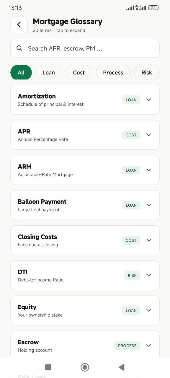 HomeLoan Compass glossary screen screenshot